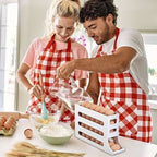 Couple wearing checkered aprons using an EggFlow Premium Refrigerator Egg Organizer in a kitchen